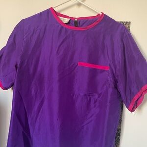 Vintage Petite Illustrations 100% Silk Blouse | Purple & Pink Trim | Short Sleev